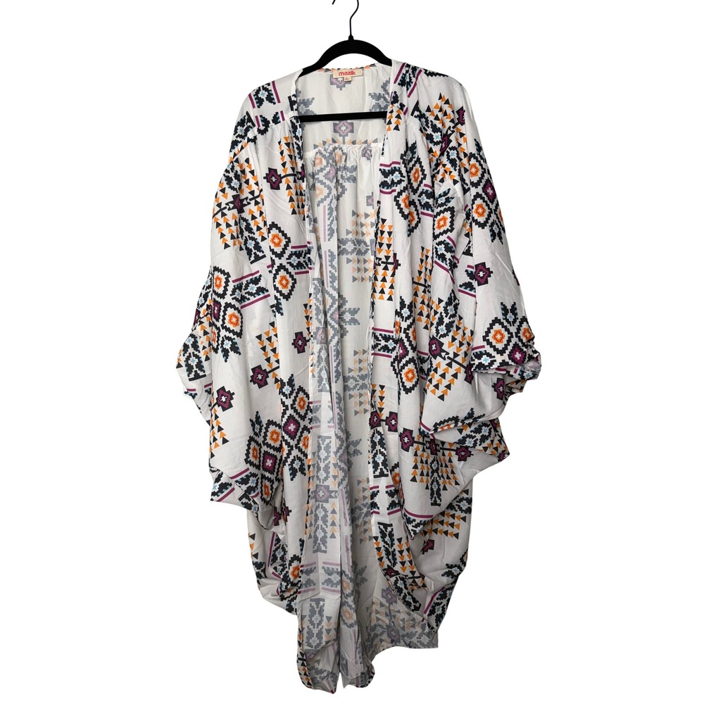 Mazik Womens Tribal Geometric Print Kimono Wrap Open Front White Large Boho
